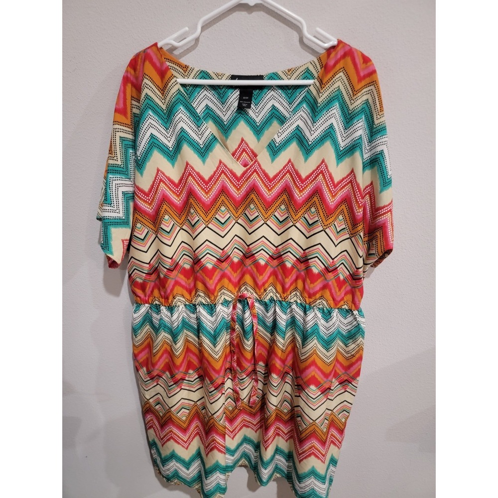 Lane Bryant Short Sleeve Knee Length Dress ~ Tie Waist, Boho Colorful ~ Sz 22/24